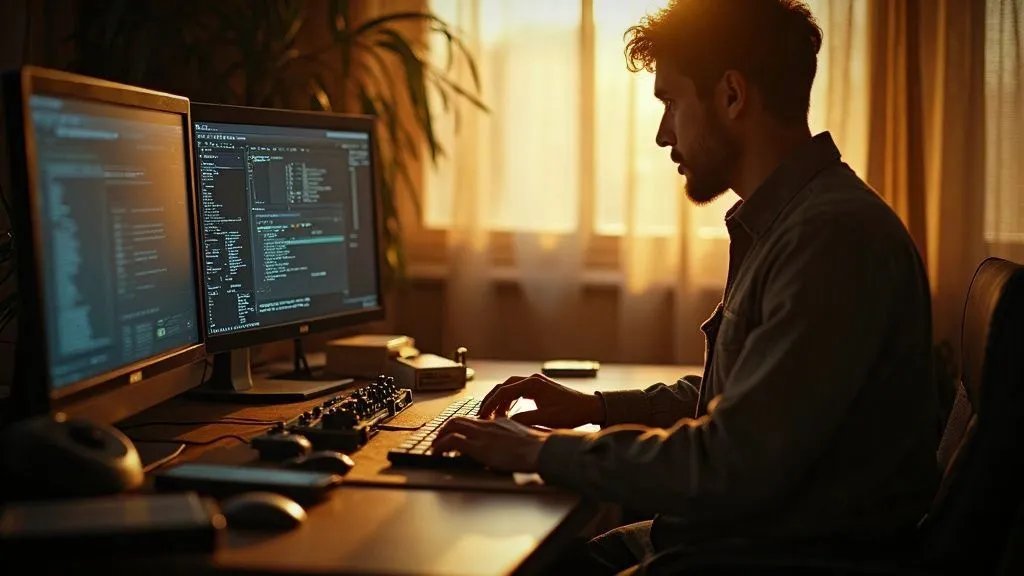 A person analyzing data on a laptop surrounded by technology