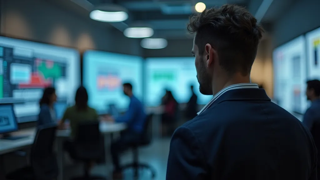 Workers collaborating with AI technology in a modern office